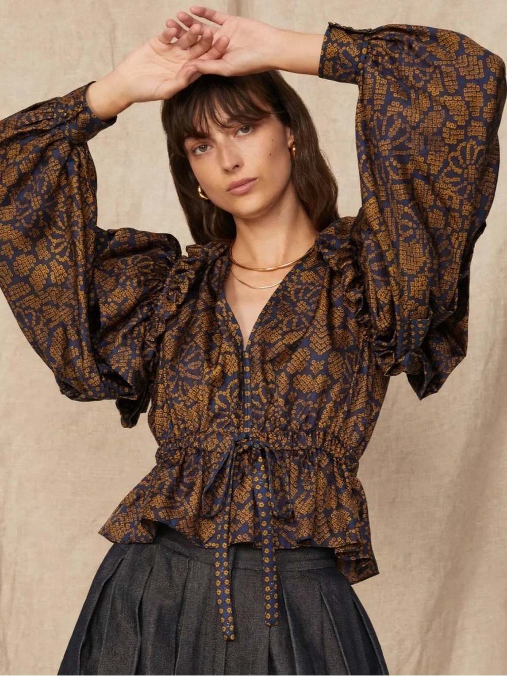 Ulla Johnson Indra Blouse Woven Puff-Sleeve Peplum Top in Navy Sz 10 - Picture 1 of 10